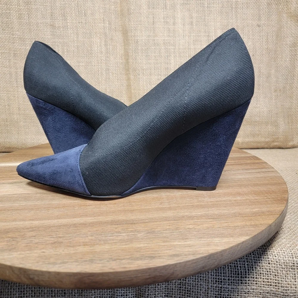 Nine West Wedge Heels Black Blue Suede Pointed Toe Womens 7.5 Slip On Dress Shoe